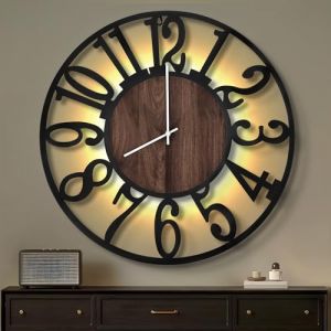 Maxstar Horloge Murale 80CM pour Salon sur Pile, Silencieuse, Style Bois M&eacute;tal, LED Moderne Chambre/Bureau (Chiffres Arabes, Noir-32) (Jia Mi Home INC. FR, neuf)