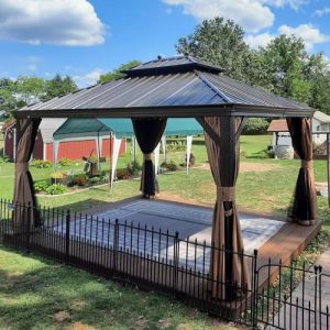 PURPLE LEAF Tonnelle de Jardin Exterieur 4,25 x 3 m Pergola Aluminium avec Moustiquaire et Rideaux Pavillon de Jardin à Double Toit Acier Galvanisé, Bronze (PURPLE LEAF, neuf)