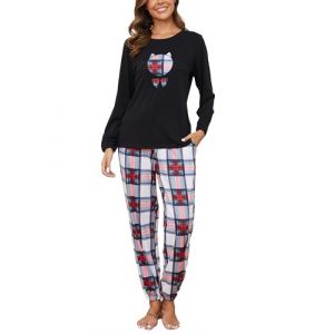 Reliwel Pyjama Femme Coton Ensembles de Pyjama Femme Hiver Chaud Haut Col Rond Manches Longues et Bas de Pyjama à Carreaux Vêtements de Nuit 2 Pièces Confortable Détente (Reliwel-FR, neuf)