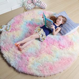 Amdrebio - Tapis rond à poils longs pour chambre de fille, salon et salle de jeux, duveteux, doux et moelleux, décoration de chambre à motif licorne, tapis de jeux pour bébés, 1,2 m, arc-en-ciel, (ATTSUY, neuf)