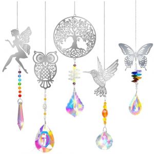 5 pcs Attrape Soleil Cristal Décoration,Arbre Hiboux Colibri Papillon fée Pendentif Attrape-Soleils en Cristal,Pendentif Fenêtre Décor,Sun Catcher,Capteur de Soleil pour Fenêtres Jardin (Webster.WOW, neuf)