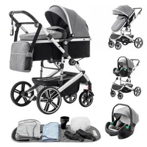 Zkiprm Système de voyage 3 en 1 pour poussette landau et siège auto poussette avec poignée réglable en hauteur poussette pour bébé avec moustiquaire landau de voyage avec cadre en aluminium pour Gris (Zkiprm, neuf)