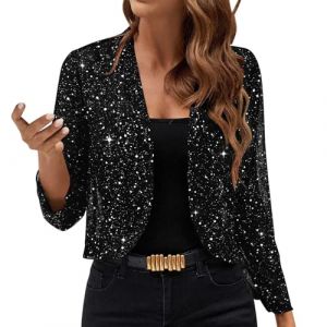 NZYIHAO Cardigan à paillettes pour femme - Court - Ouvert - Manches longues - Boléro fin et élégant - Sans boutons - Veste boléro en maille fine - Veste demi-saison, Noir , L (JCRZZ, neuf)