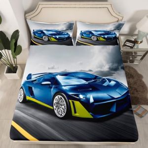 Homewish Drap Housse Garçon 90x190 cm avec 1 Taie d'oreiller, Drap-Housse 1 Personne Voiture de Course Drap de Lit Voiture de Sport Extrême, Housse de Matelas Voiture de Sport Bleu (Suzhou yiyanyun e-commerce Co., Ltd, neuf)