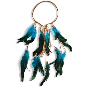 DIPZO Bandeau &agrave; plumes indien pour femmes, cha&icirc;ne de cheveux hippie avec pompons et perles, coiffe ethnique indienne pour carnaval, festivals et styles tribaux, Bleu (DIPZO FR, neuf)