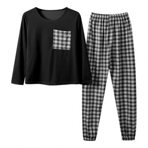 Ensembles de Pyjama Femme Coton Hiver Chaud Combinaison Pyjama Col Ronde Manches Longues et Pantalon Ado Fille Confortable et D&eacute;contract&eacute; Tenue de Nuit No&euml;l (Zhe Liens, neuf)