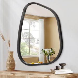 HLFMVWE Miroir de salle de bain irrégulier moderne ovale asymétrique avec cadre en bois - Forme unique - Miroir artistique pour salon, chambre à coucher, entrée - Petit format - 40 x 30 cm (HLFMVWE, neuf)