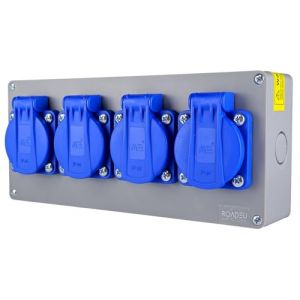 RoadEu Bloc Multiprise IP44 Saillie | 4 Prises Fran&ccedil;aises 2P+T 230V/16A | Bo&icirc;tier de Distribution Pr&eacute;-c&acirc;bl&eacute; avec Presse-&eacute;toupe PG13,5 | R&eacute;partiteur de Chantier pour Garage, Atelier & Ext&eacute;rieur Couvert (RoadEu, neuf)