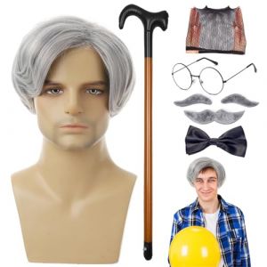 Syengery Ensemble de perruques de vieil homme, cosplay de vieil homme,8 pièces/ensemble perruque de, perruques de grand-père - Perruque de, lunettes de canne, Faux sourcils (paodera, neuf)