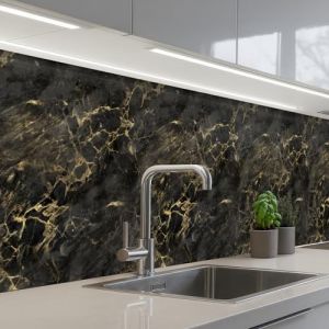 KitchenYeah&copy; Credence Cuisine Adhesive 80x400 cm Protege Mur Revetement Mural Adhesif Parement Interieur &Agrave; Coller Plaque Plastique Rigide Noir - Marbre - Or - Nerf (KitchenYeah, neuf)