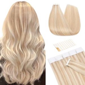 TESS Extension Adhesive Cheveux Naturel Lot de 10, Extensions de cheveux Adhesif Extension Cheveux Naturel Humain Lisse 25g 45cm #18P613 Beige Sable Blond/blond clair lumineux (TESS Official, neuf)