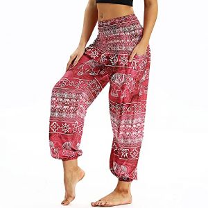 Nuofengkudu Femme Harem Pantalon Sarouel Thaïlandais Hippie Baggy Léger Boho Ethnique Smockée Taille Haute avec Poches Yoga Pants Été Plage ,Rouge Éléphant A,Taille unique (better Life, neuf)