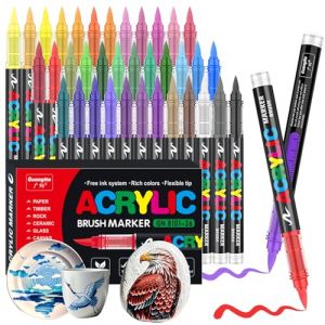 Gelanty Feutre Acrylique, 36 couleurs Acrylic Paint Marker avec embout pinceau flexible, liquide direct Acrylic Brush Marker feutres coloriage pour la peinture sur roche, c&eacute;ramique, bois, verre (Gelanty, neuf)