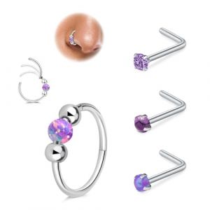 LAURITAMI 18G Opale piercing nez anneau mince 20G acier chirurgical L forme du connecteur piercing nez, oreille septum piercing anneau nez piercing set violet, Nostril Tragus Conch Clicker (FaLan Jewelry, neuf)