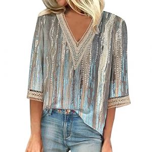 Generic Chemise en Jean Femme Blouse Fluide Femme Été Tunique Femme Grande Taille Tunique Femme Chic Tunique Boheme Femme Blouse Fluide Femme Été T Shirt Femme Ete Blouse Femme Chic Turquoise 3XL (Junhouse, neuf)