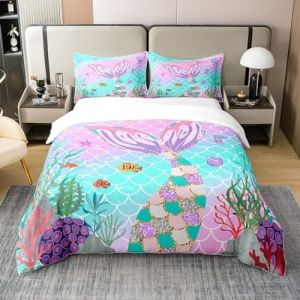 Homewish Parure de Lit Coton Biologique 240x260 cm, Housse de Couette Queue de Sir&egrave;ne, Housse Couette &Eacute;cailles de Poisson, Ensemble de Literie Arc-en-Ciel, Literie Ocean Life Animaux Marins (Suzhou yiyanyun e-commerce Co., Ltd, neuf)