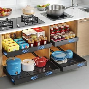 FumyFumy Tiroir Coulissant Cuisine Rangement Placard Cuisine, Rangement Coulissant Placard Cuisine, Panier Coulissant Pour Placard avec Tapis de Yiroir, Largeur Extensible 30.5-51.5cm Noir/1PCS (Stars in the box, neuf)