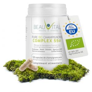 Pure Bio Champigons Complex 55+ 120 capsules de 500 mg de Cordyceps Hericium Reishi Agaricus Maitake Shiitake issu de l'agriculture biologique de l'UE (BEAUVITAL GmbH, neuf)