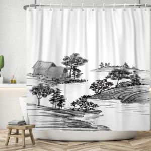 SDOTPMT 90x180cm Rideau de Douche Japonais Paysage lac Arbre Rural Rideau de Douche à l'encre Traditionnelle Asie Vintage Enfants Rideau de Douche Salle de Bain décor avec Crochet (SDOTPMT, neuf)