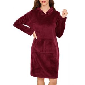 Wikoan Chemise de Nuit Hiver Femme Longue Douce Peignoir en Polaire Chemise de Nuit &agrave; Manches Longues pour Femmes avec Capuche Bourgogne XXL (Wikoan Direct, neuf)