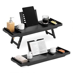 Navaris Pont de Baignoire Extensible Bambou - Plateau de Bain ou lit avec Pied Pliable - Support Tablette Livre téléphone Verre - Rangement Amovible (SX-Commerce, neuf)