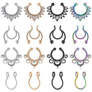 AceFun Faux Piercing Nez Acier Inoxydable 16 pièces Faux Anneaux de Nez Clair CZ Faux Anneau de lèvre Oreille Faux Piercing Nez Septum sans Trou Bijoux de Piercing de Corps (Jiesibao, neuf)