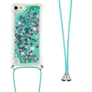 Collier Coque pour iPod Touch 5 / iPod Touch 6/7,Glitter Paillette Brillante Quicksands Liquide Transparente Silicone TPU Case Housse avec Cordon Collier Tour de Cou pour iPod Touch 5,GS Green Heart (LEMAXELERS, neuf)