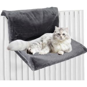 Lit suspendu pour chat - Lit de radiateur pour chat - Lit confortable pour chauffage - Tissu peluche - Hamac pour chauffage - Cadre en m&eacute;tal stable - Tissu en peluche pliable (gris) (HUANTING, neuf)
