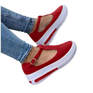 Sandale Femme Compensées Confort Mules Été Et N u-Pieds Plateforme Plate Chaussures Bout Fermé Sandale Bride Cheville Noir Été Espadrille Compensées Plateforme Plates Chaussures à Bout (Red-A, 38) (geherl, neuf)
