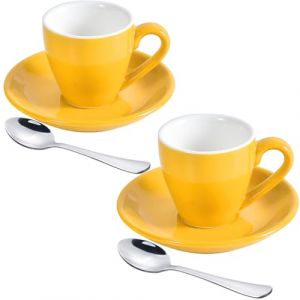 ionEgg Lot de 2 tasses à expresso en porcelaine avec soucoupe et mini cuillères en acier inoxydable, 80 ml, jaune (ionEgg, neuf)