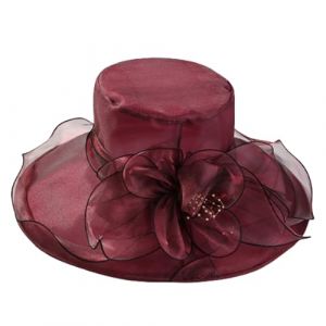 HIQIU Chapeau en organza pour femme - À large bord - Chapeau d'été - Chapeau de plage - Élégant - Bibi - Église - Derby - Mariage - Fête, rouge bordeaux, 57-58 (HIQIU UE, neuf)