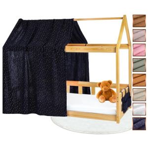 Lovely Hippo Toile de Lit Cabane 100% Coton - Ciel de Lit Cabane pour Lit Montessori 80x160, 90x200 cm - Tissu Oeko-Tex Gots (Bleu Nuit/Or + Pochette, 120 x 370 cm + Pochette de Rangement) (VRC Products France, neuf)