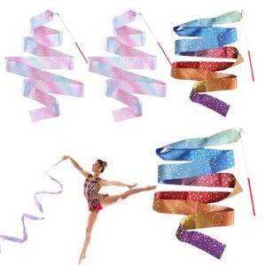 VEOIRXU 4 Pièces Rubans de Danse 2m Ruban de Gymnastique Rubans Danse Scintillant Ruban d'Art avec Bâton Rotatif Ruban de Danse Rythmique pour la l'Entraînement de Danse Artistique(Coloré+Rose Violet) (SHI TONGYANG DE DIAN, neuf)
