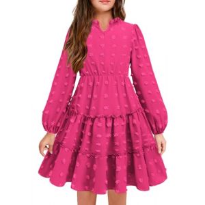 Arshiner Robe Fille Manches Longues Automne Robe en Mousseline Enfants Chic Robe de Soir&eacute;e Col en V Robes Volants D&eacute;contract&eacute;e Robe D'&eacute;cole Rose Rouge 11-12 Ans (Arshiner Store, neuf)