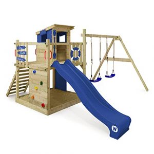 WICKEY Aire de Jeux Smart Camp portique en Bois avec balan&ccedil;oire et Toboggan Bleu, Tour d'escalade pour Enfants avec bac &agrave; Sable, &eacute;chelle et Accessoires de Jeu pour Le Jardin. (WICKEY, neuf)