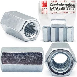 Écrous longs M16x48 mm DIN 6334, lot de 5, manchon fileté hexagonal, acier galvanisé, douille filetée, rallonge pour tige filetée, entretoise de raccordement, classe de résistance 5 (LUN FIX, neuf)