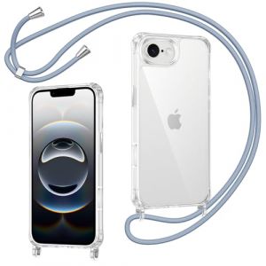 Coiwxmoi Coque pour iPhone 16e/SE 4/SE 2025 avec Cordon, Transparente [Anti-Jaunissement] [Antichoc] Coque TPU Bumper Silicone Housse avec Cha&icirc;ne Lani&egrave;re Collier R&eacute;glable Protection Case, Bleu (Xingxin STORE, neuf)