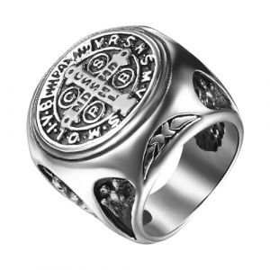 JewelryWe Bague Chevalière Homme Saint-Benoît: Bague Acier Inoxydable avec Croix et Insigne Catholique de Saint-Benoît Bague Biker Motard - Cadeau Homme Anniveraire Fête des Pères (JewelryWe Bijoux, neuf)