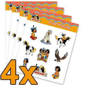 Set de tatouages « Yakari » - Comme petit cadeau, cadeau ou pour jouer - 4 feuilles de 36 tatouages - Autocollants pour enfants - Pour anniversaire d'enfant (Dekospass-Partystore, neuf)
