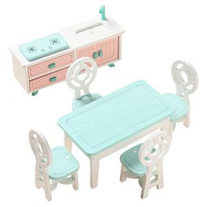 6 pi&egrave;ces Meubles de Cuisine pour Maison de Poup&eacute;es en Bois,1:12 &Eacute;chelle Miniature Mini Salle &agrave; Manger de Poup&eacute;e de Cuisine pour Enfants Combinaison d'Armoire Mobilier D&eacute;cor Table et Chaises de Maison (Tesyeux-EU, neuf)