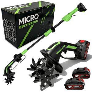 Motobineuse Electrique, 21V Motoculteur avec 2 Batteries 3000mAh et Manche de 1,3m Bineuse &Eacute;lectrique avec 4 Lames M&eacute;talliques Largeur de Travail de 10cm Profondeur de Travail de 10cm 235 TR/Min (ignoremexi, neuf)