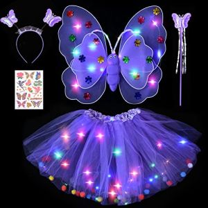 Tacobear D&eacute;guisement F&eacute;e Lumineux Ailes de F&eacute;e Enfant LED Tutu Jupe Tulle Fille Ailes de Papillon Serre-t&ecirc;te Baguette Magique Tatouage Costume F&eacute;e Anniversaire Halloween Carnaval No&euml;l Cosplay (Violet) (Tacobear EU, neuf)