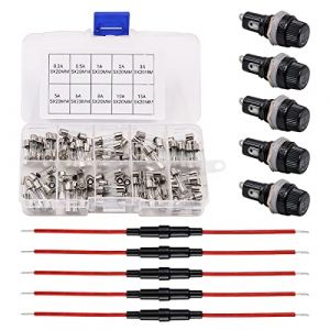 VOANZO 5 pi&egrave;ces 5x20mm Porte-fusible Type &agrave; vis en Ligne avec Fil 22 AWG + 100 pi&egrave;ces Kit Assorti de fusible de Tube de Verre &agrave; soufflage Rapide (VOANZO EU, neuf)