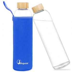 Bugucat Bouteille en Verre 1000 ML,Bouteille d'eau en Verre Borosilicate Gourde en Verre avec &Eacute;tui de Protection, Bouteille d'eau Reutilisable Enfant Adulte Anti-Fuite,Sans-BPA PVC (BugucatDirect FR, neuf)