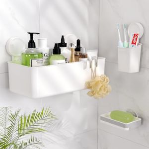 Luxear Étagère de Douche Ventouse avec Porte Savon & Porte Brosse à Dents Support Ventouse sans Perçage Salle de Bain Panier Rangement pour Bouteilles de Shampoing Gel, Porte Savon Douche - Blanc (Alpine Co.,Ltd., neuf)