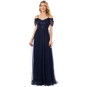 Ever-Pretty Robe de Soir&eacute;e Asym&eacute;trique Longue Femme pour Mariage Pliss&eacute;e en Mousseline Fluide Une Bretelle &agrave; Fleurs 48 Bleu Marine (Ever Pretty Uk, neuf)