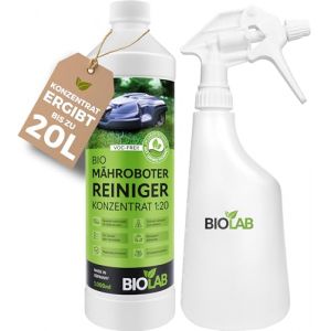 BIOLAB Kit de nettoyage bio pour robot tondeuse, concentr&eacute; 1:20 (1000 ml + flacon pulv&eacute;risateur) pour robot de nettoyage de tondeuse, convient pour Gardena, Husquarna, Bosch, Einhell, Worx ... (BRANDZONE, neuf)