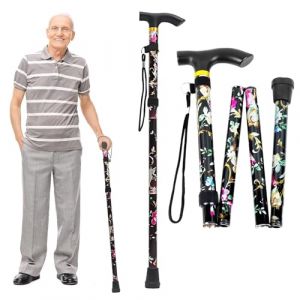 Canne de Marche Pliante,Canne Pliable,Bâton de Marche Pliable,pour Marcher Aluminium,Canne Pliante et Réglable,pour Homme Femme (Fleurs Noires) (QiaoQiHOUSE, neuf)
