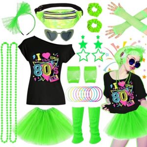 27 pi&egrave;ces accessoires de costume des ann&eacute;es 80 - Robe de soir&eacute;e disco des ann&eacute;es 90 - N&eacute;on - T-shirt tutu - Bracelet fantaisiste - Ensemble de lunettes - Bracelet - Colliers - Jambes chaudes - Tenue (rongjia-ww, neuf)