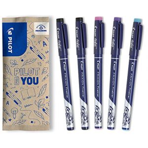 PILOT - Lot de 5 FriXion Fineliner - Stylo feutre effaçable à encre thermosensible - 2 Noirs, 1 Rose, 1 Violet, 1 Bleu Clair - Feutre d'écriture à pointe fine (Papeterie Libellus, neuf)